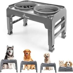 Cuencos Plegables para Perros elevados, Cuenco de Agua 2 en 1 a Prueba de Fugas con Cuencos para Perros de alimentación Lenta, 4 Alturas Ajustables para Perros y Mascotas pequeños, medianos y Grandes