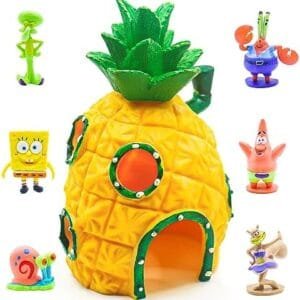Decoracion Acuario 7Pcs Spongebob Pecera Pequeña Resina para Casa de la Piña - Simulación con Accesorios Adecuada para Peces Pequeños Gambas y Tortugas