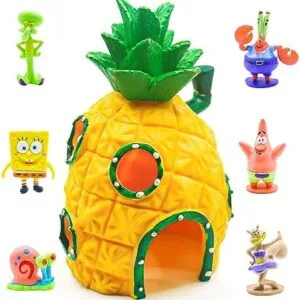 Decoracion Acuario 7Pcs Spongebob Pecera Pequeña Resina para Casa de la Piña - Simulación con Accesorios Adecuada para Peces Pequeños Gambas y Tortugas