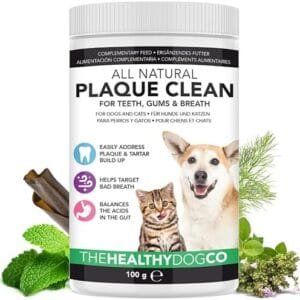 Polvo Para Eliminación de Sarro y Placa Para Perros, Cachorros y Gatos | 100% Natural para Animales | Plaque Clean | 100g | Limpia y Cuida Dientes Blancos y Encías | Ayuda Contra el Mal Aliento