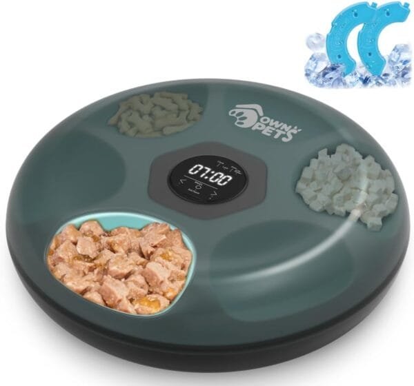 Ownpets Comedero Automático para Perros y Gatos, Dispensador Comida Gatos Perros con Batería, Alimentación USB, Dos Paquetes de Hielo, 6 Comidas (Cada ½ LB), para Comida Seca y Húmeda, Negro