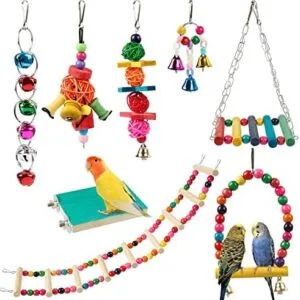 Comius Sharp Accesorios para Jaulas de Pájaros, 8 Piezas juguetes Coloridos y masticables para Aves y Loros - Plataforma Soporte Perca de Pájaro y Escalera de Madera, Columpios con Campanas
