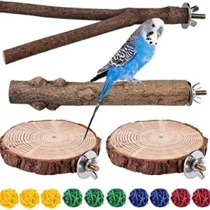 4 Piezas Perchas para Pájaros, Perchas para Periquitos de Madera Natural con Bolas de Ratán Juguetes Loros Accesorio para Jaula de Pájaros, Juguetes para Agapornis Canarios Cacatúas