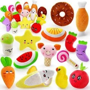 LEGEND SANDY Paquete de 14 Juguetes chirriantes para Perros, Lindos Juguetes de Peluche de Frutas y Verduras para Cachorros y Perros pequeños