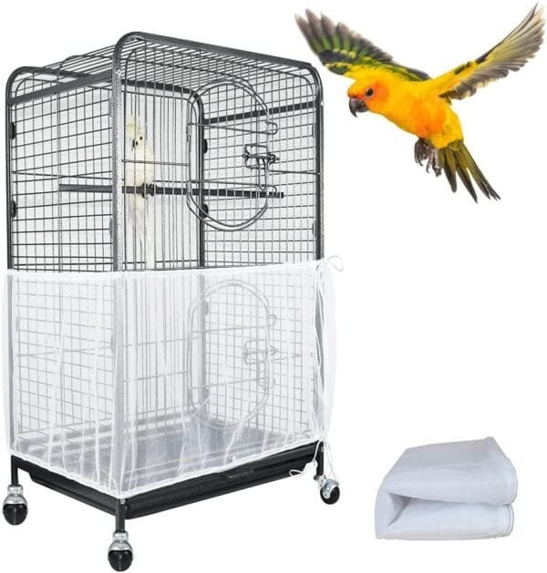 ASOCEA Jaula para pájaros Extragrande, Protector de Semillas Cubierta Universal de Malla de Nailon para Loros periquitos guacamayos africanos agapornis Gris (no Incluye Jaula para pájaros)