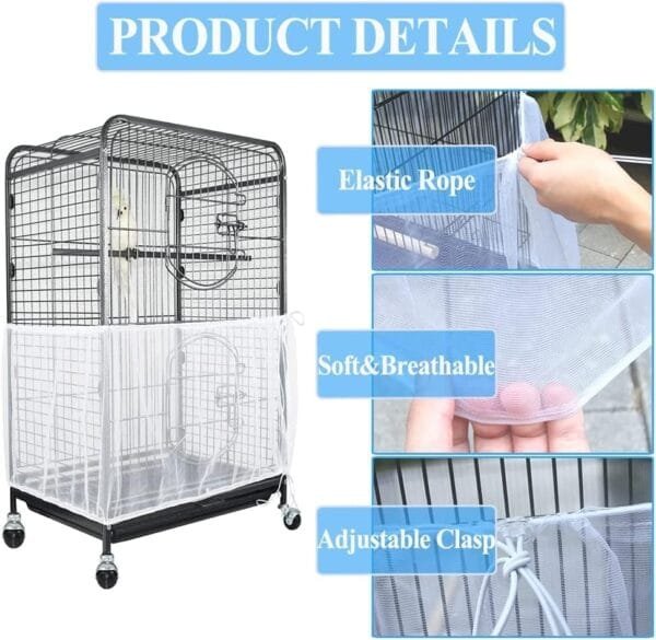ASOCEA Jaula para pájaros Extragrande, Protector de Semillas Cubierta Universal de Malla de Nailon para Loros periquitos guacamayos africanos agapornis Gris (no Incluye Jaula para pájaros) - Image 3