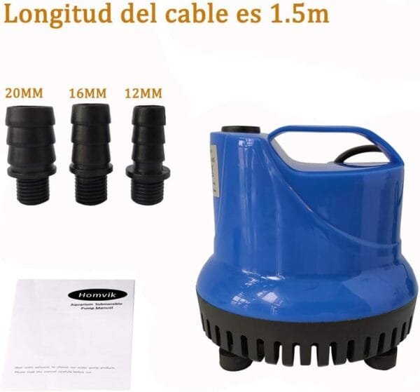 Homvik Bomba de Agua Sumergible 3000L/H 60W con 3 Boquillas Bomba de Agua para Fuente Acuario Estanque Pecera Ultra Silencioso Circulación de Agua Dulce y Marino 3.5m de Altura - Azul - Image 3