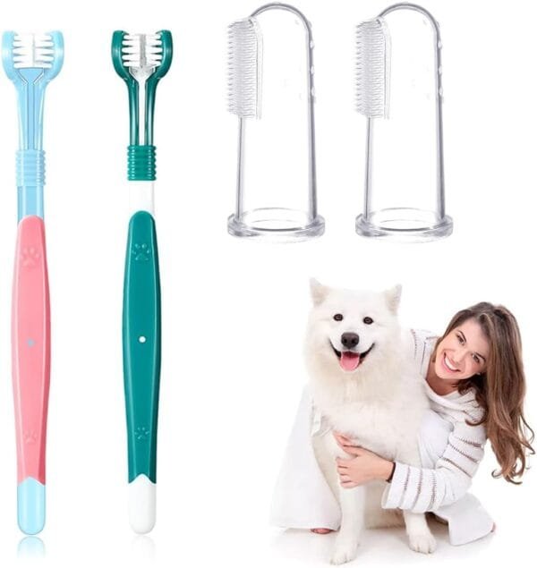 4 Piezas Cepillos de Dientes para Perros, Cepillo de Dientes de Silicona para Mascotas, Cepillo de Dientes de Mango Largo de Cabezal Múltiple, para el Cuidado Dental de Perros y Gatos Pequeños