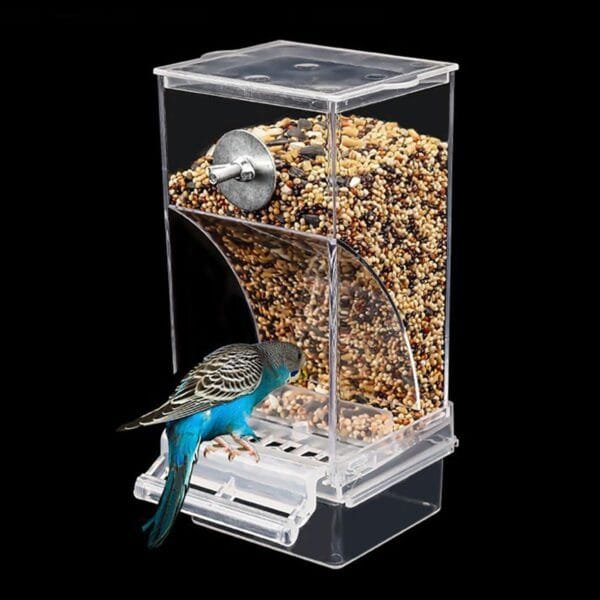 Comedero automático para pájaros, 1 recipiente transparente para colgar semillas con percha, comedero para pájaros, accesorios para jaula de pájaros para periquitos pequeños y medianos, pinzones de