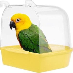 Jodsen Bañera para pájaros,Accesorios para pájaros,Suministros para jaulas de pájaros con Ganchos,Ducha de Agua,Bandeja para pájaros pequeños para Canarios, periquitos,Loro 13X14X13cm (Amarillo)