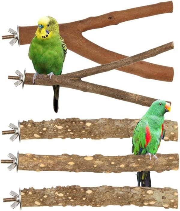 Madera Natural para Pájaros, 5 Piezas de Soporte para Percha para Pájaros, Accesorios de Jaula para Loros, Ramas de pie, Juguetes para Masticar Loros
