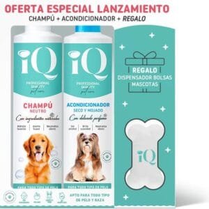 iQ Pet Care - Pack Champú Neutro + Acondicionador Desenredante para Mascotas | Cuidado Completo para Todo Tipo de Pelo y Raza de Gato y Perro | Incluye Dispensador de Bolsas - 600 ml