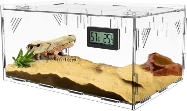 Oiakz Terrarios para reptiles, con higrómetro de temperatura, caja de cría de reptiles acrílicos de tamaño grande, tanque de jaula de terrario para pequeños reptiles insectos oficina en casa, 15.7 x