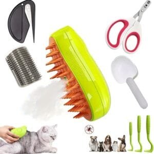 Ksalux – Pack de 8 accesorios para gato: cepillo de gato vapor, cortaúñas, kit anti garrapatas, peine de masaje, desenredador de nudos y pala de comida (pack de 8 accesorios para gato)