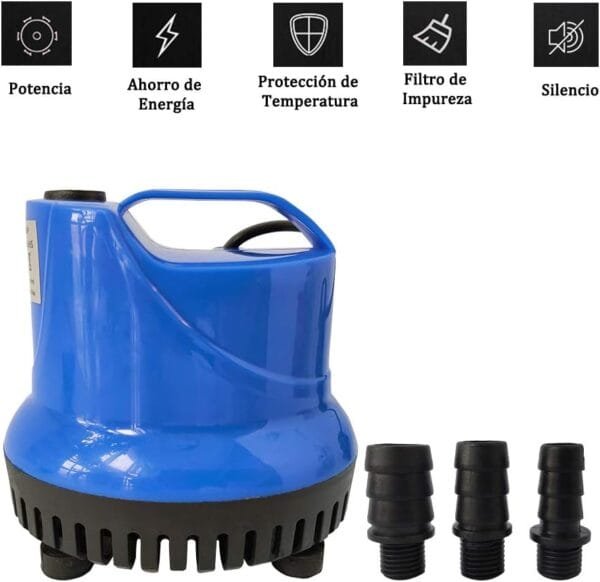 Homvik Bomba de Agua Sumergible 3000L/H 60W con 3 Boquillas Bomba de Agua para Fuente Acuario Estanque Pecera Ultra Silencioso Circulación de Agua Dulce y Marino 3.5m de Altura - Azul - Image 4