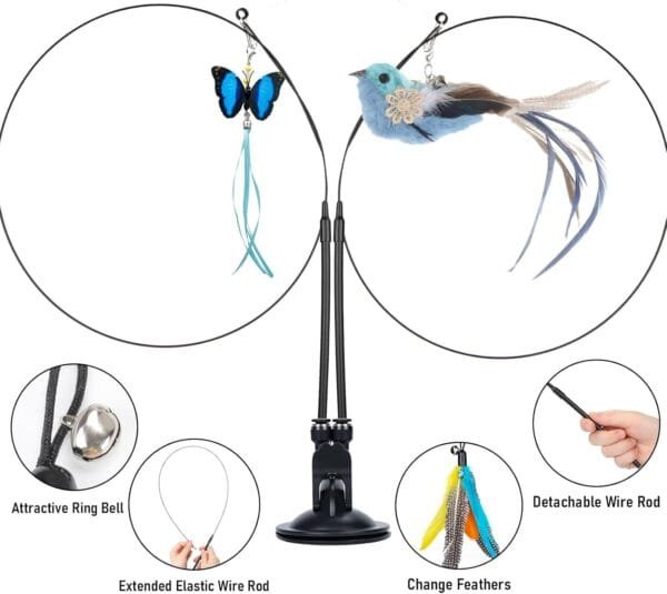 MEYDLL 14 Piezas Juguetes para Gatos, Juguete Pluma de Gato Interactivo, Juguetes para Gatos con 2 Varillas RetráCtiles Interactivas para Gatos, Ventosas Fuertes con 2 Agujero, Pájaro, Mariposa - Image 4