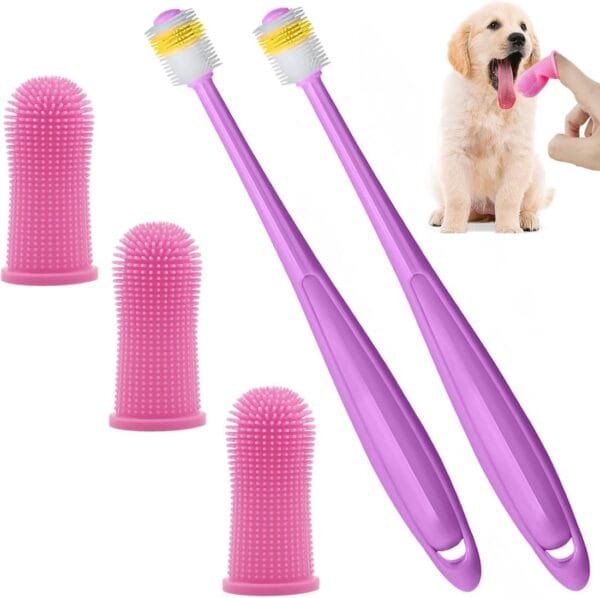 5 Paquetes Cepillo Dientes Perro, 360º Cepillo de Dientes para Perros de Dedo,Kit de Cepillo de Dientes de Limpieza de Dientes de Silicona para Cachorros, Gatos y Mascotas Pequeñas Cuidado(Rosa)