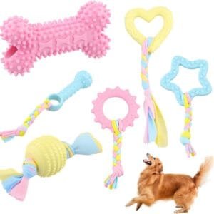 Shengxi 6 Piezas Juguetes para Perros Juguetes de Goma para Perros Juguete para Dentición del Perro Juguetes Masticables de Cachorros con Cuerdas de Algodón para Perros Pequeños y Medianos