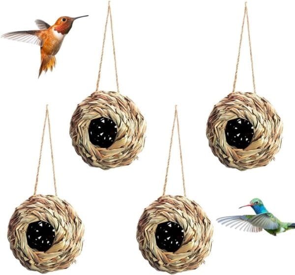 4 Piezas Nidos de Pájaros, Nidos para Pájaros Pequeños de Hierba Natural, Casa de Pajaros Exterior, Tejidas a Mano Hierba Nidos para Pajaros, para Pájaros Pequeños como Colibrí, Teta