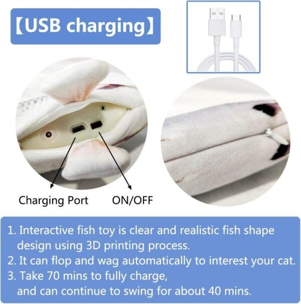 Juguetes Eléctricos para Peces Catnip, 30CM Recargable USB Juguetes Simulación Realista de Felpa, Suministros Interactivos Divertidos para Masticar Mascotas para Gato Gatito - Image 2