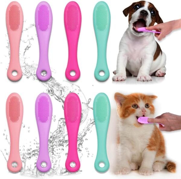 INGJIA Cepillo dientes perro,cepillo de dientes de dedo de perro, paquete de 8 cepillos de dientes de silicona para perro cuidado dental, fácil limpieza de dientes de perro y gato
