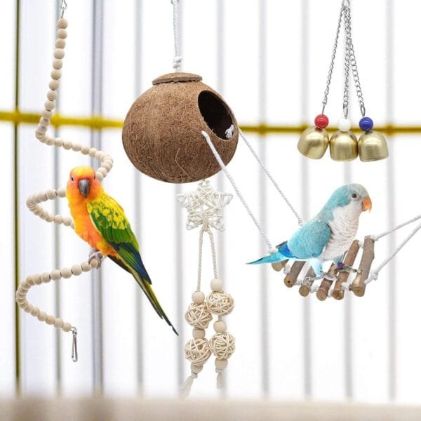 Juguetes Agapornis, 7 Piezas Juguetes para Agapornis, Juguetes para Pájaros con Campanas, Escalera de Madera, Columpios, Accesorios de Juguetes para Periquitos Loros Cockatiels Agapornis Periquitos - Image 7