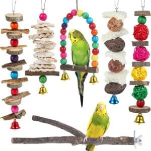 Juguetes de perca para pájaros, juguetes de periquito, paquete de 6 accesorios de jaula de pájaros, juguetes masticables de madera, tortolito, periquito y otros pájaros de tamaño pequeño a mediano