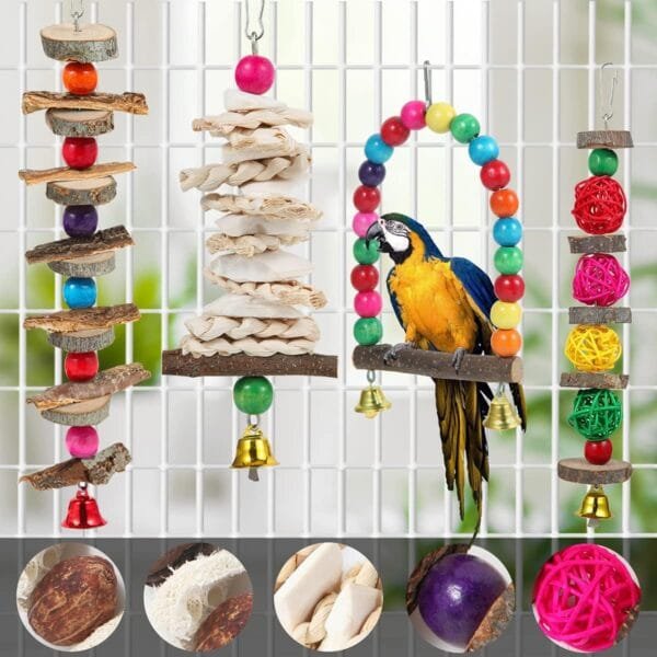 Juguetes de perca para pájaros, juguetes de periquito, paquete de 6 accesorios de jaula de pájaros, juguetes masticables de madera, tortolito, periquito y otros pájaros de tamaño pequeño a mediano - Image 3