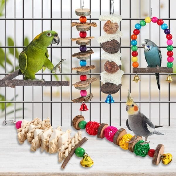 Juguetes de perca para pájaros, juguetes de periquito, paquete de 6 accesorios de jaula de pájaros, juguetes masticables de madera, tortolito, periquito y otros pájaros de tamaño pequeño a mediano - Image 2