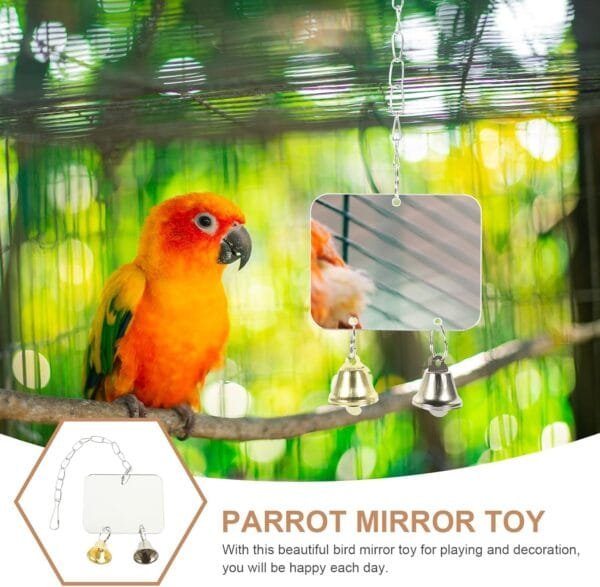 PATKAW Pájaro espejo accesorio para pájaros, accesorios para jaulas de pájaros, espejo periquito para jaula, espejo de pájaro, con campana, jaula de pájaros, espejo para periquitos, juguetes, loros, - Image 5