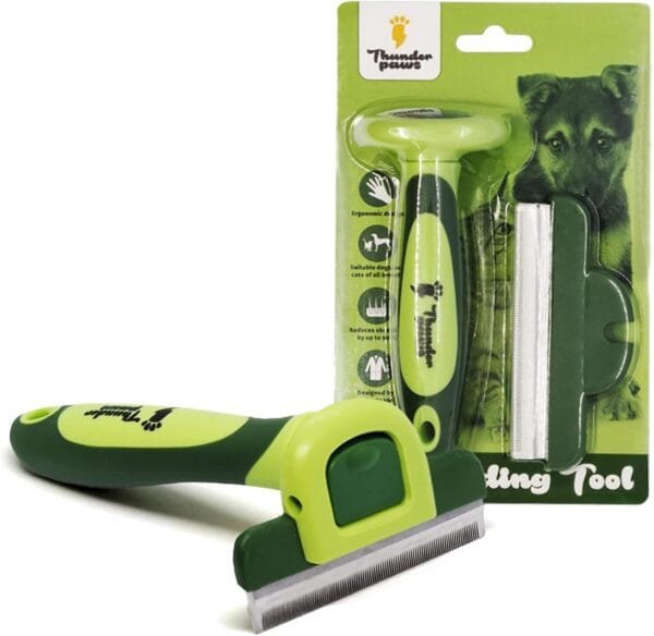 Thunderpaws Peine Profesional para Mascotas, Herramienta de Cuidado para Perros, D-Shedz para Razas de Perros, Gatos con Pelo Corto o Largo, Pequeño, Mediano y Grande (Verde)