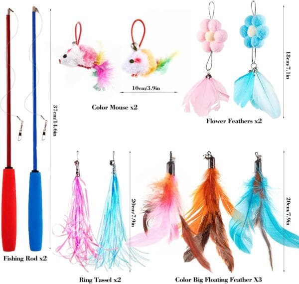 Easy Joy 11 Piezas Juguete de Plumas para Gatos Interactivo, 9 Cabezas de reemplazo de Juguetes + 2 cañas de Pescar retráctiles. - Image 2