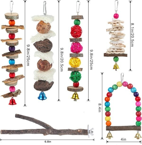 Juguetes de perca para pájaros, juguetes de periquito, paquete de 6 accesorios de jaula de pájaros, juguetes masticables de madera, tortolito, periquito y otros pájaros de tamaño pequeño a mediano - Image 6