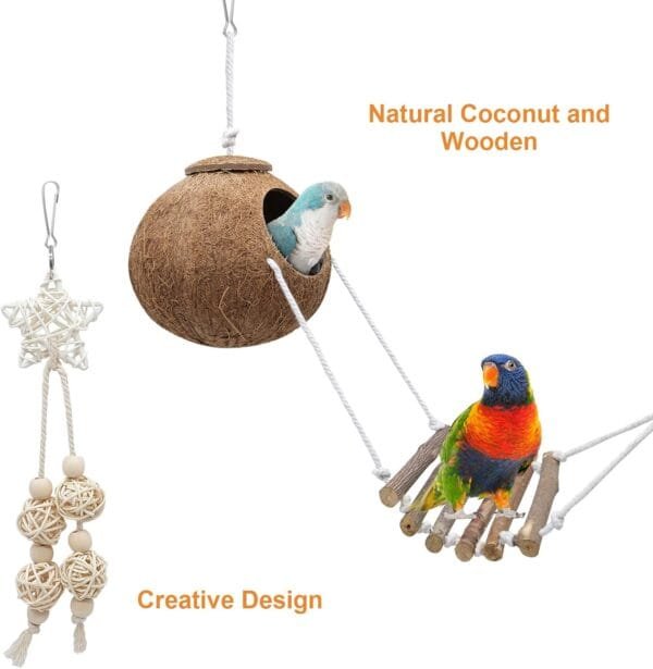 Juguetes Agapornis, 7 Piezas Juguetes para Agapornis, Juguetes para Pájaros con Campanas, Escalera de Madera, Columpios, Accesorios de Juguetes para Periquitos Loros Cockatiels Agapornis Periquitos - Image 3