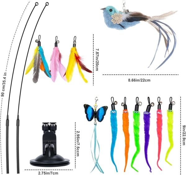 MEYDLL 14 Piezas Juguetes para Gatos, Juguete Pluma de Gato Interactivo, Juguetes para Gatos con 2 Varillas RetráCtiles Interactivas para Gatos, Ventosas Fuertes con 2 Agujero, Pájaro, Mariposa - Image 3