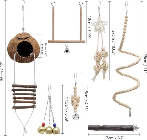 Juguetes Agapornis, 7 Piezas Juguetes para Agapornis, Juguetes para Pájaros con Campanas, Escalera de Madera, Columpios, Accesorios de Juguetes para Periquitos Loros Cockatiels Agapornis Periquitos - Image 2