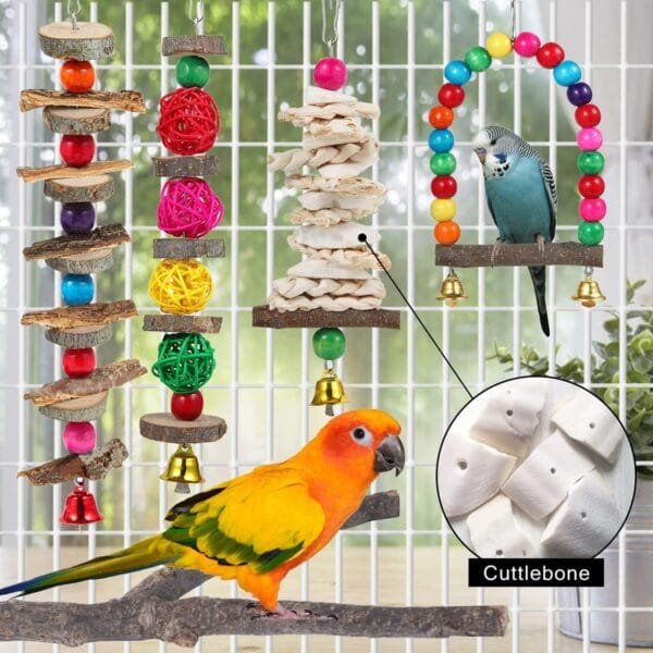 Juguetes de perca para pájaros, juguetes de periquito, paquete de 6 accesorios de jaula de pájaros, juguetes masticables de madera, tortolito, periquito y otros pájaros de tamaño pequeño a mediano - Image 4
