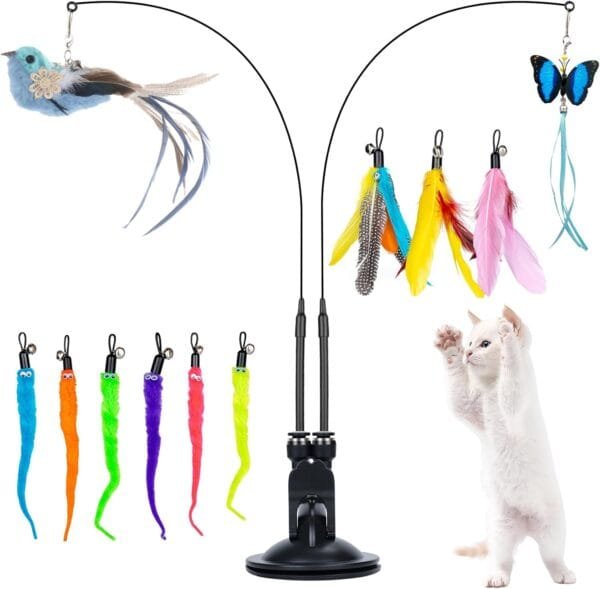 MEYDLL 14 Piezas Juguetes para Gatos, Juguete Pluma de Gato Interactivo, Juguetes para Gatos con 2 Varillas RetráCtiles Interactivas para Gatos, Ventosas Fuertes con 2 Agujero, Pájaro, Mariposa