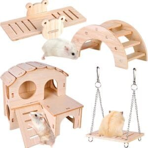 Mitening Juguetes Hamster Madera, Juguetes para Masticar Hámster, 4 Piezas Juguetes para Hámster Columpio, Balancín, Casa, Accesorios De Juguete para Los Conejos, La Chinchilla, Hámsters, Cobayas