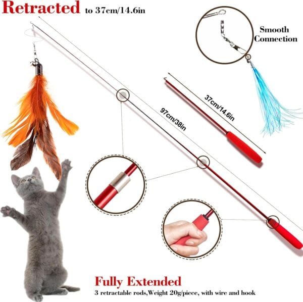 Easy Joy 11 Piezas Juguete de Plumas para Gatos Interactivo, 9 Cabezas de reemplazo de Juguetes + 2 cañas de Pescar retráctiles. - Image 3