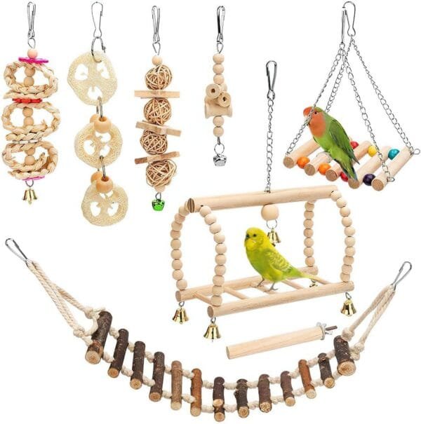 Juguetes Agapornis, 8pcs Agapornis Accesorios, Accesorios para Jaulas De Pájaros para Cacatúas, Pájaros, Masticar, Madera Natural, Hamaca, Campana, Jaula De Pájaros