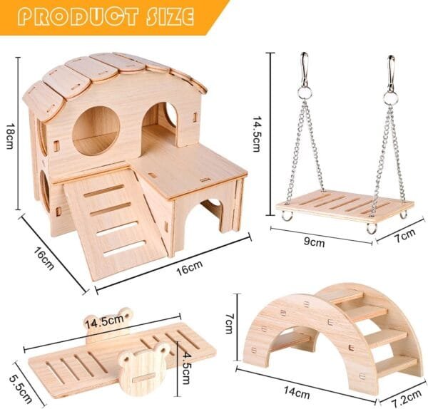 Mitening Juguetes Hamster Madera, Juguetes para Masticar Hámster, 4 Piezas Juguetes para Hámster Columpio, Balancín, Casa, Accesorios De Juguete para Los Conejos, La Chinchilla, Hámsters, Cobayas - Image 2