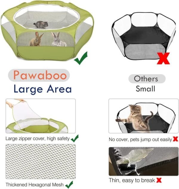 Pawaboo Valla de Animales Portátil de Oxford, Parque de Animales Plegable con Tres Varillas Metálicas y Amplia Abertura para Erizos Ardillas Gatos Dragón y Conejos - Verde de Aguacate - Image 3