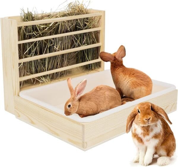 Comedero de heno grande multifuncional con inodoro, comedero de madera para conejos, comedero de heno, completo con bebedero y comedero, apto para conejos, cobayas, hámsters, animales pequeños (2 en