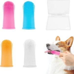 ieron 4 cepillos de dientes para perros, cuidado dental para mascotas, herramientas de limpieza de dientes de silicona 360º para perros, gatos con caja