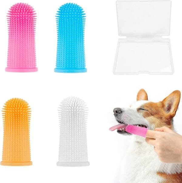 ieron 4 cepillos de dientes para perros, cuidado dental para mascotas, herramientas de limpieza de dientes de silicona 360º para perros, gatos con caja