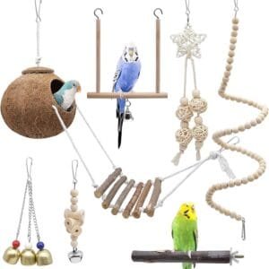 Juguetes Agapornis, 7 Piezas Juguetes para Agapornis, Juguetes para Pájaros con Campanas, Escalera de Madera, Columpios, Accesorios de Juguetes para Periquitos Loros Cockatiels Agapornis Periquitos
