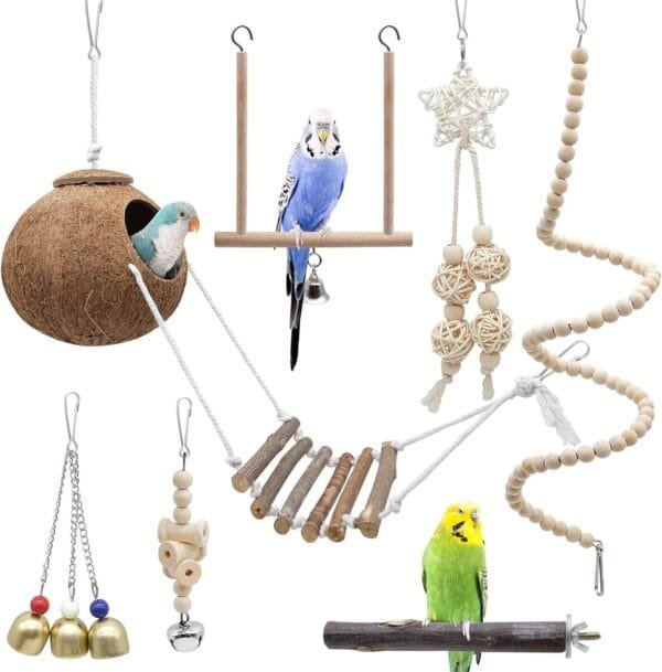 Juguetes Agapornis, 7 Piezas Juguetes para Agapornis, Juguetes para Pájaros con Campanas, Escalera de Madera, Columpios, Accesorios de Juguetes para Periquitos Loros Cockatiels Agapornis Periquitos