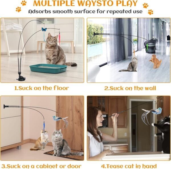 MEYDLL 14 Piezas Juguetes para Gatos, Juguete Pluma de Gato Interactivo, Juguetes para Gatos con 2 Varillas RetráCtiles Interactivas para Gatos, Ventosas Fuertes con 2 Agujero, Pájaro, Mariposa - Image 2