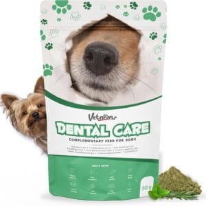 Vetnoms Algas para Sarro Perros - Mal Aliento Perros en Polvo para Pienso para Perros. Actua por la Saliva. No Necesita Cepillado ni Pasta de Dientes para Perros.